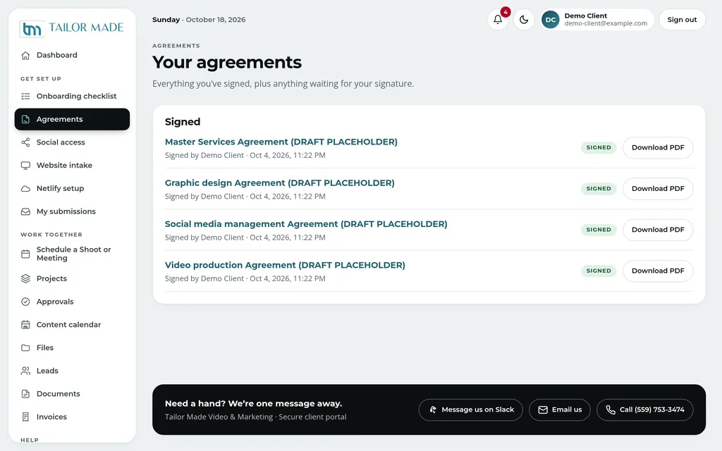 Agreements page listing signed sample agreements with Download PDF buttons