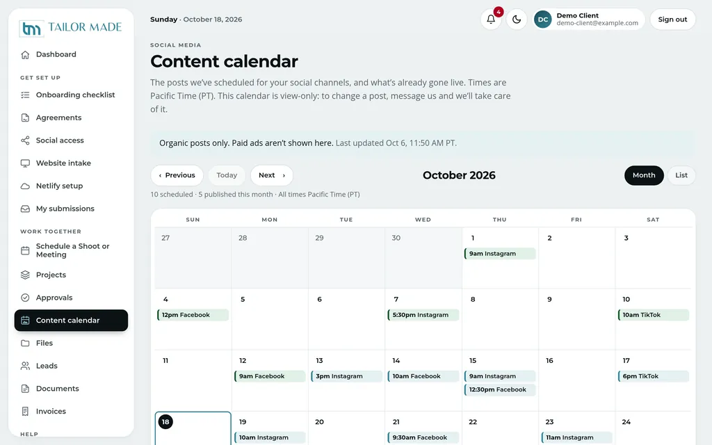 Content calendar month view with sample Instagram, Facebook and TikTok posts
