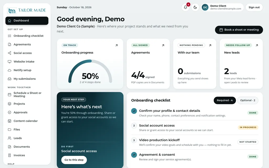 Client Portal dashboard, demo client
