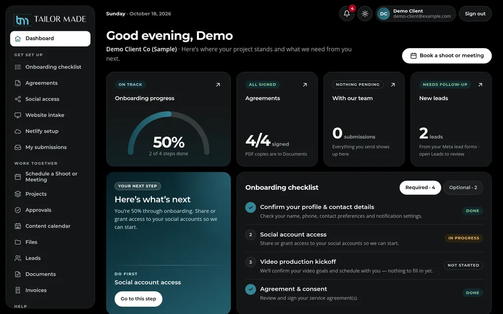 Client Portal dashboard in dark mode for a demo client