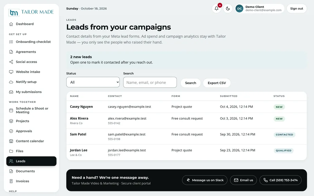 Leads page with sample leads, status filters, search and Export CSV