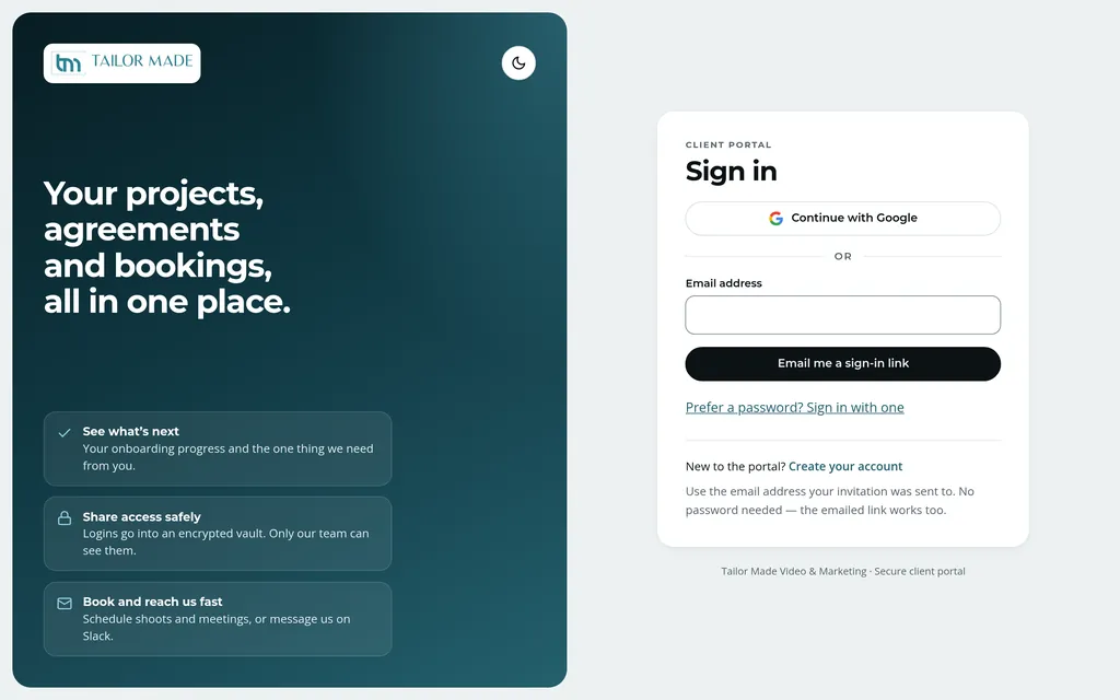 Client Portal sign-in page with Continue with Google and an emailed sign-in link