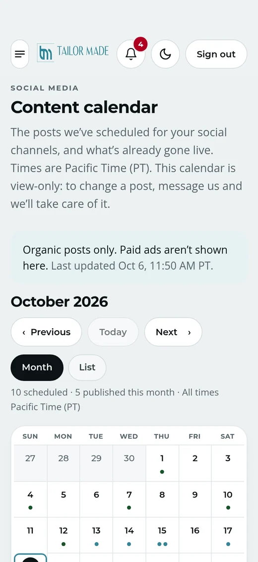 Content calendar on a phone with sample posts