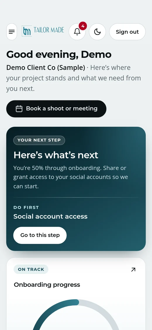 Client Portal dashboard on a phone, demo client