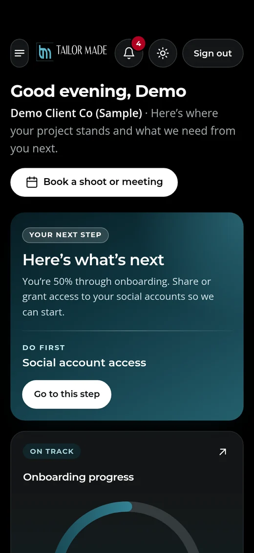 Client Portal dashboard on a phone in dark mode, demo client