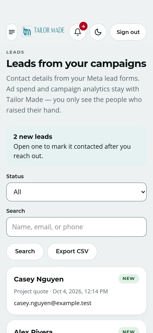 Leads page on a phone with sample leads