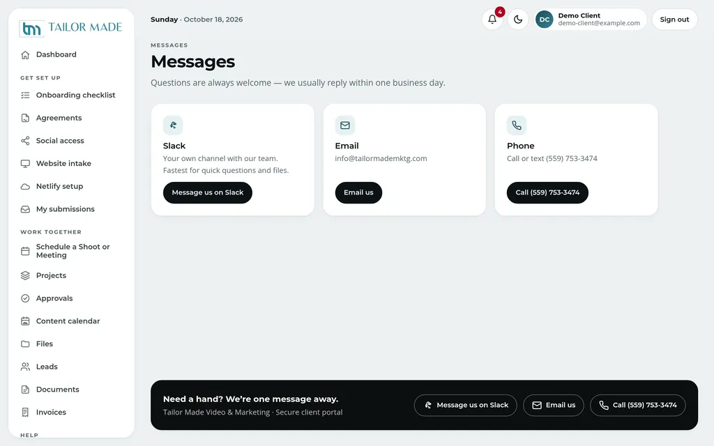 Messages page with Slack, email and phone contact options