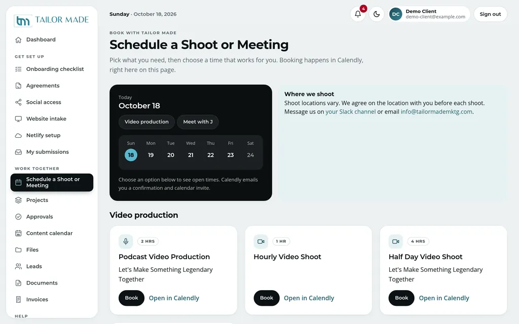 Schedule a Shoot or Meeting page with video production booking options